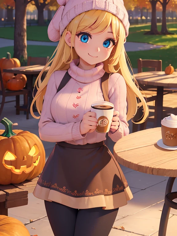 (masterpiece:1.2), best quality, high resolution, unity 8k wallpaper, (illustration:0.8), (beautiful detailed eyes:1.6), extremely detailed face, perfect lighting, extremely detailed CG, (perfect hands, perfect anatomy), 1girl, solo, blonde hair, blue eyes. (holding a coffee cup filled with Pumpkin Spice Latte:1.3). (Wearing: beanie, pink sweater and black leggings). Calm smile on her face, she’s relaxed. Background: City park, autumn season, fall season.
