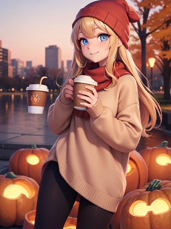 (masterpiece:1.2), best quality, high resolution, unity 8k wallpaper, (illustration:0.8), (beautiful detailed eyes:1.6), extremely detailed face, perfect lighting, extremely detailed CG, (perfect hands, perfect anatomy), 1girl, solo, blonde hair, blue eyes. (holding a coffee cup filled with Pumpkin Spice Latte:1.3). (Wearing: beanie, pink sweater and black leggings). Calm smile on her face, she’s relaxed. Background: City park, autumn season, fall season.
