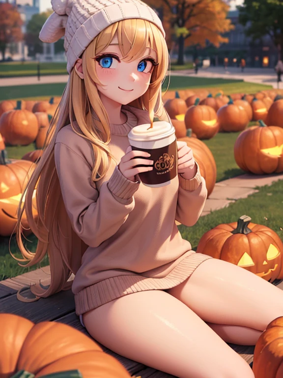 (masterpiece:1.2), best quality, high resolution, unity 8k wallpaper, (illustration:0.8), (beautiful detailed eyes:1.6), extremely detailed face, perfect lighting, extremely detailed CG, (perfect hands, perfect anatomy), 1girl, solo, blonde hair, blue eyes. (holding a coffee cup filled with Pumpkin Spice Latte:1.3). (Wearing: beanie, pink sweater and black leggings). Calm smile on her face, she’s relaxed. Background: City park, autumn season, fall season.
