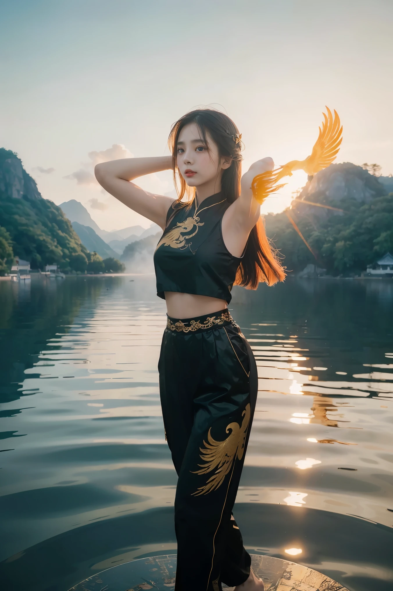 A beautiful Chinese girl standing on the water, a misty reflection, a huge phoenix divine bird in the sky, magic, fantasy, dynamic posture, composed of colorful glowing flames, delicate face, delicate eyes, long black and golden hair, wearing amber and sky blue Hanfu, delicate and intricate patterns, ink painting, golden bronzing, epic composition, soft shadows, Clean sharp focus, cinematography, center composition, poster design, film photography, (((Highest quality, 8k, masterpiece:1.3)), 1girl, ((futuristic Kung Fu Clothing)), Toned Body, black track pants, red kungfu-styled jacket, Looking at the viewer, dynamic pose, model pose, perfect body, perfect hands, fists