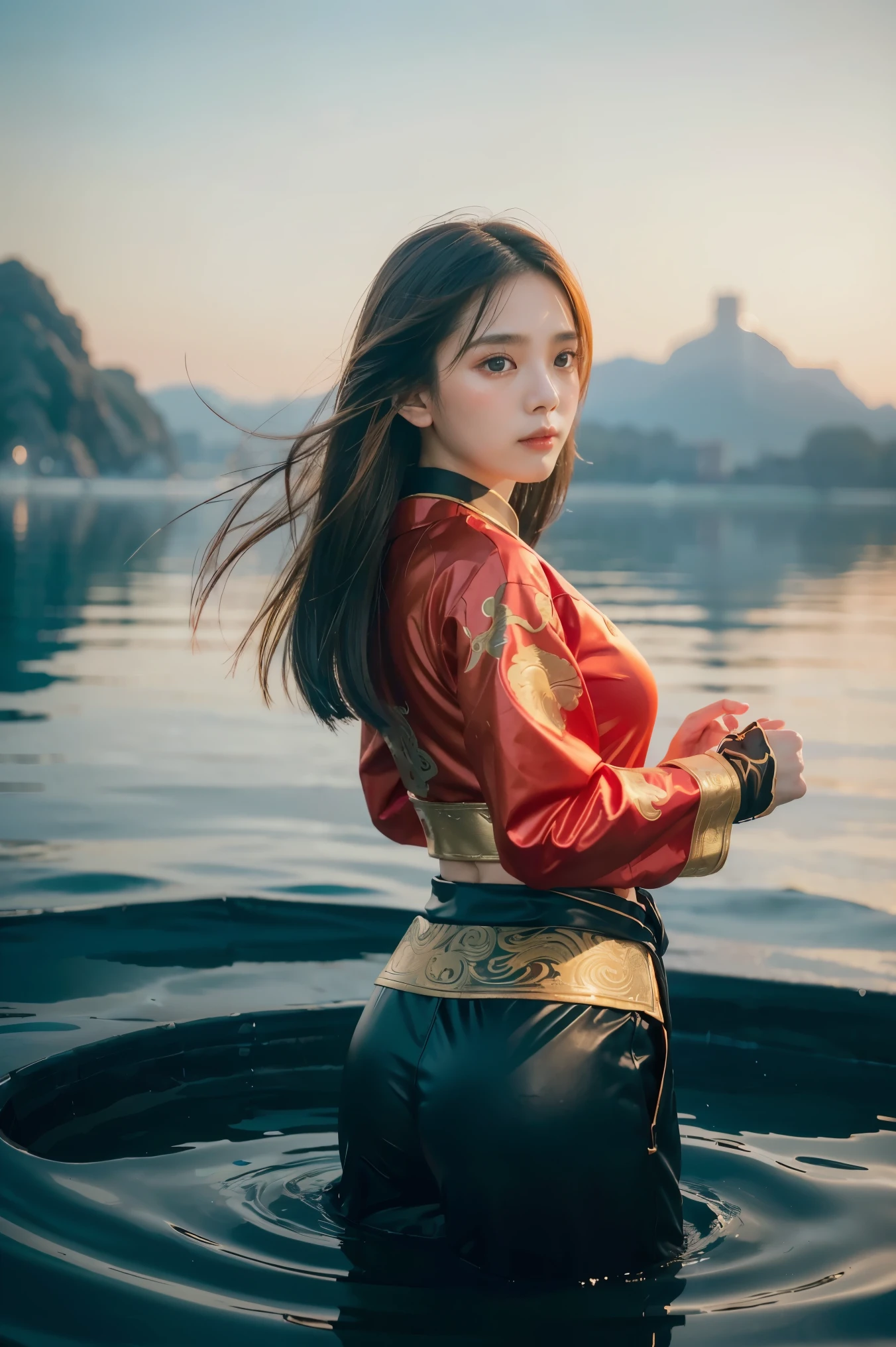 A beautiful Chinese girl standing on the water, a misty reflection, a huge phoenix divine bird in the sky, magic, fantasy, dynamic posture, composed of colorful glowing flames, delicate face, delicate eyes, long black and golden hair, wearing amber and sky blue Hanfu, delicate and intricate patterns, ink painting, golden bronzing, epic composition, soft shadows, Clean sharp focus, cinematography, center composition, poster design, film photography, (((Highest quality, 8k, masterpiece:1.3)), 1girl, ((futuristic Kung Fu Clothing)), Toned Body, black track pants, red kungfu-styled jacket, Looking at the viewer, dynamic pose, model pose, perfect body, perfect hands, fists