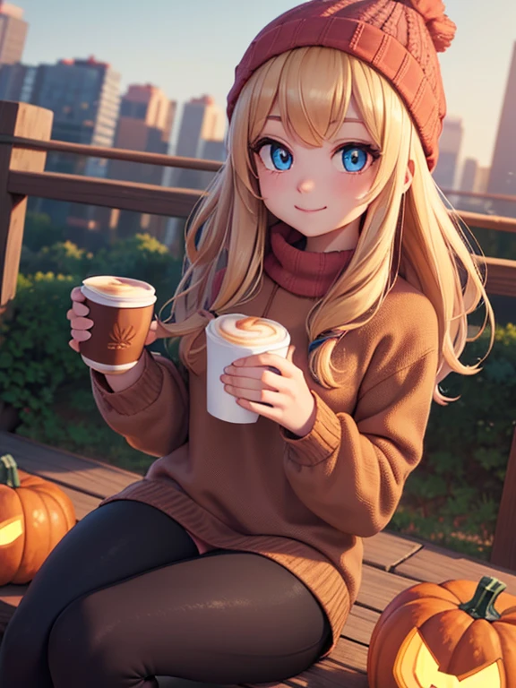 (masterpiece:1.2), best quality, high resolution, unity 8k wallpaper, (illustration:0.8), (beautiful detailed eyes:1.6), extremely detailed face, perfect lighting, extremely detailed CG, (perfect hands, perfect anatomy), 1girl, solo, blonde hair, blue eyes. (holding a coffee cup filled with Pumpkin Spice Latte:1.3). (Wearing: beanie, pink sweater and black leggings). Calm smile on her face, she’s relaxed. Background: City park, autumn season, fall season.
