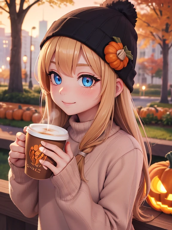 (masterpiece:1.2), best quality, high resolution, unity 8k wallpaper, (illustration:0.8), (beautiful detailed eyes:1.6), extremely detailed face, perfect lighting, extremely detailed CG, (perfect hands, perfect anatomy), 1girl, solo, blonde hair, blue eyes. (holding a coffee cup filled with Pumpkin Spice Latte:1.3). (Wearing: beanie, pink sweater and black leggings). Calm smile on her face, she’s relaxed. Background: City park, autumn season, fall season.
