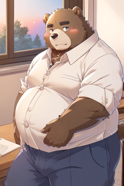 Weight gain、Being overweight、（（male））（（Dog and bear））、fur、Fluffy、cute、blush（（Wearing gakuran、School uniform、black））（（teacher、student、School、classroom、Desk and chair、Study、During class)）（（夕方のclassroom、Sunset from the window、Looking Outside））