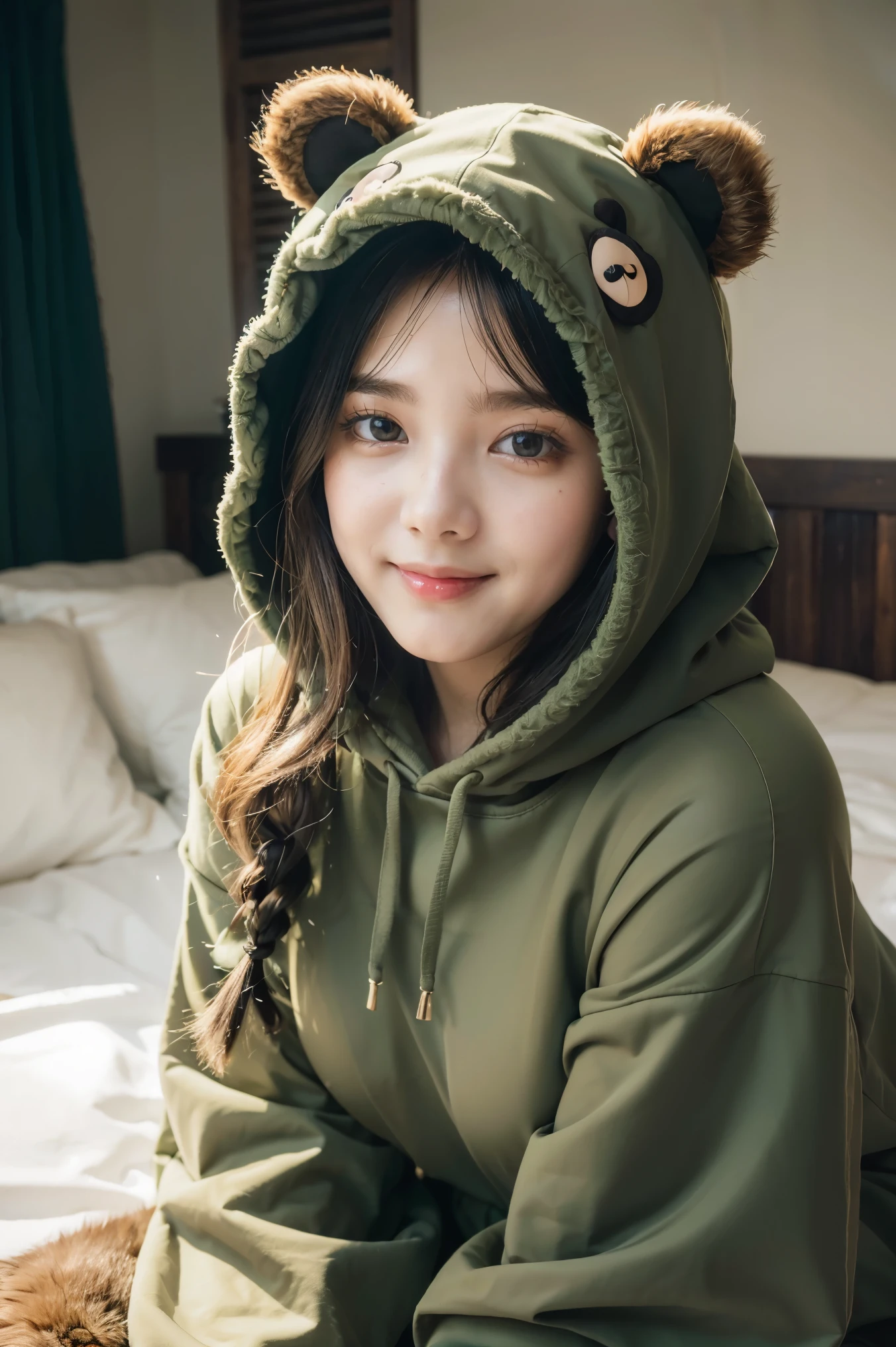 beautiful, (masterpiece), best quality, (extremely detailed face), extremely detailed eyes,  perfect lighting, OverallDetail, detailed, deep skin,textured skin,
,bear costume ,black bear costume, long sleeves, hood up,,mallow , long hair, green eyes, big smile,on bed ,sitting between pillows,
,