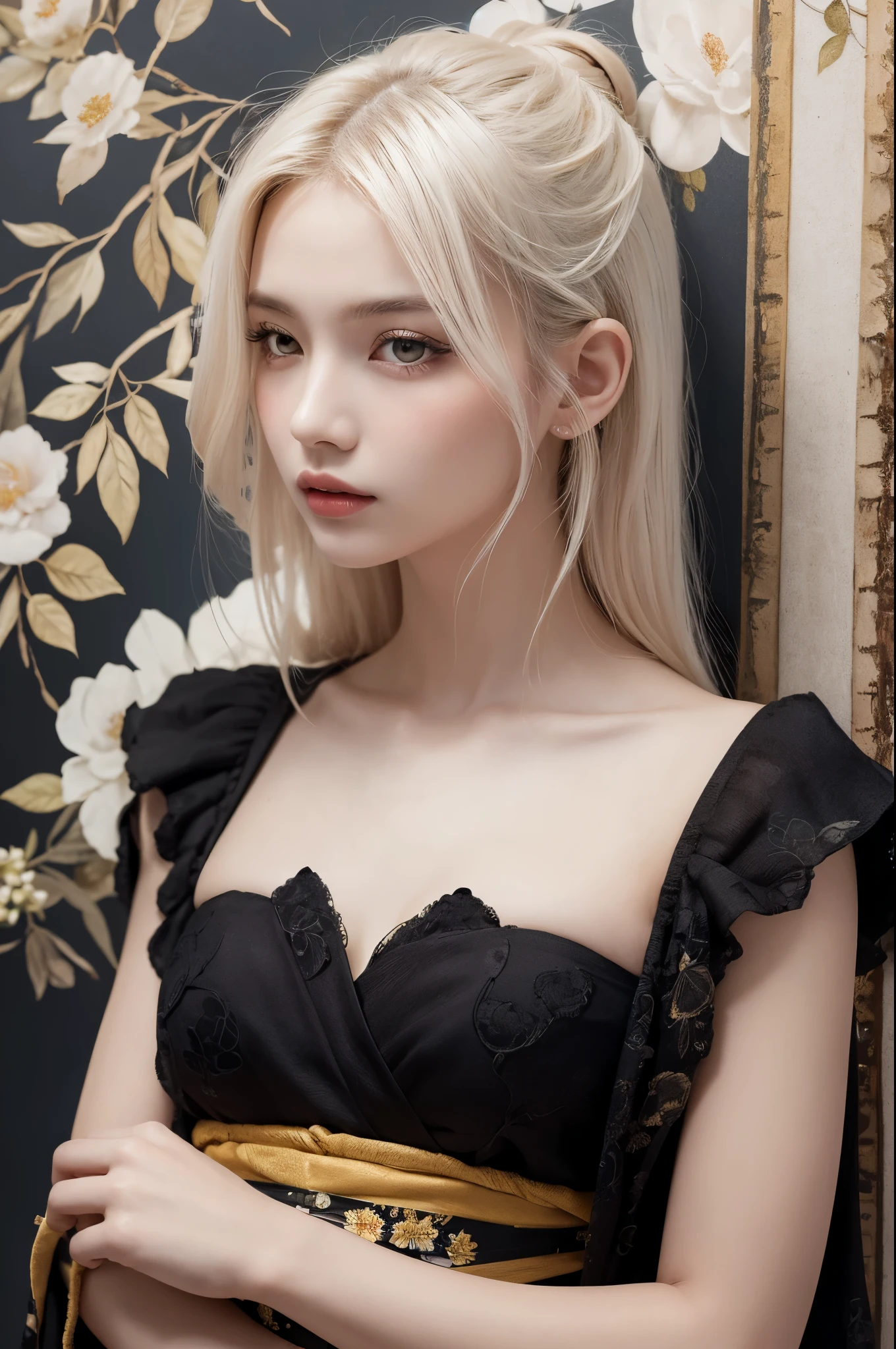 Medium Shot Shot, Beautiful woman looking at camera, White hair, Chris Foss falls off his shoulder sweater