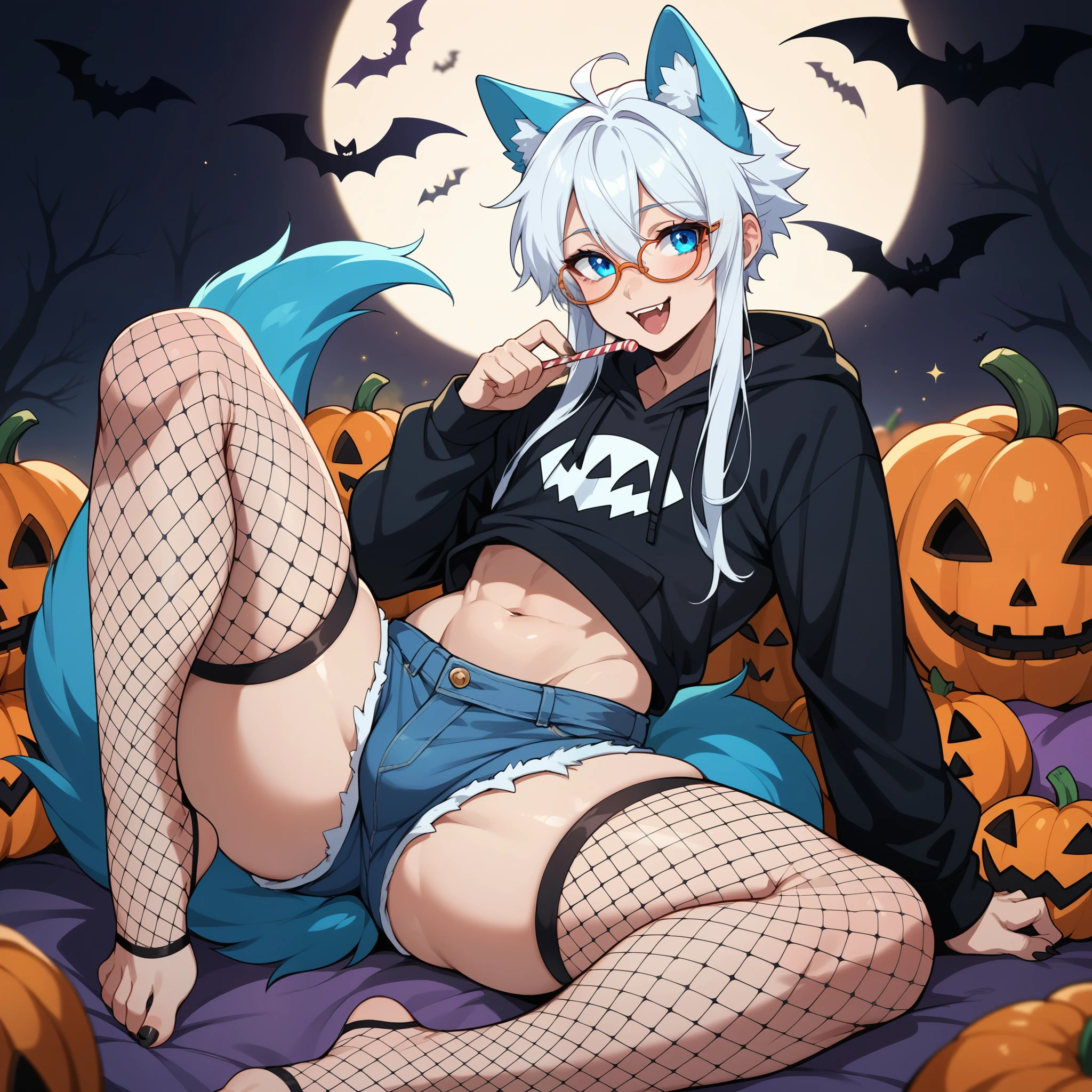 a cute adult male with wolf ears, long white hair, long locks, has a wolf tail, wearing a cute halloween hoodie, wearing denim furry short shorts and fishnet stockings, thick thighs, wide hips, relaxing on mound of fluffy multi colored plushies, short, very slim, showing slender tummy, squishy thighs, has glowing blue eyes. alone, solo (ALONE)(SOLO), halloween themed, halloween backround, happy, spiders, purple and orange, wearing glasses, surrounded by halloween styled plushies, surrounded by candy, male, showing feet