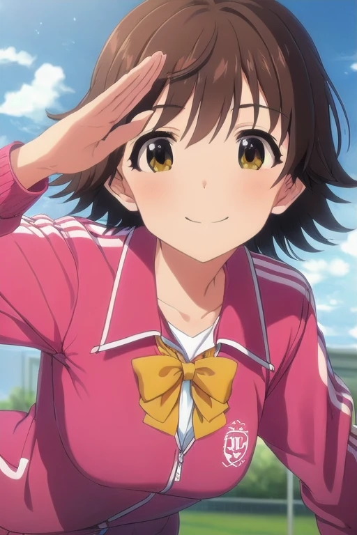 (((pixel-perfect, detail-perfect))), solo, 1girl, mio honda, school uniform, bow, track jacket, looking at viewer, smile, leaning forward, salute, saluting 