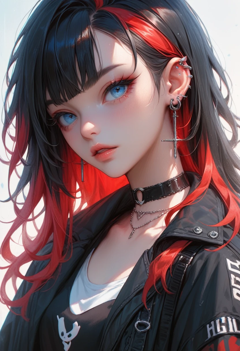 epic, Luna, red eyes, black hair, blunt bangs, low side tied hair, thin lines, x-ray effect, threads, school,  hyperrealism, micro-details, surreal, detailing, transparent watercolor+ink, pastel shades, clear outline, incredible beautiful landscape,engraving, color illustration,  volumetric, Painting, Social Shirt. 