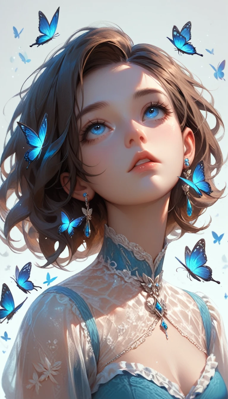 score_9, score_8_up, score_7_up, score_6_up, bug, solo, short hair, butterfly, 1girl, looking up, blue eyes, parted lips, jewelry, frills, grey background, brown hair, earrings, simple background
