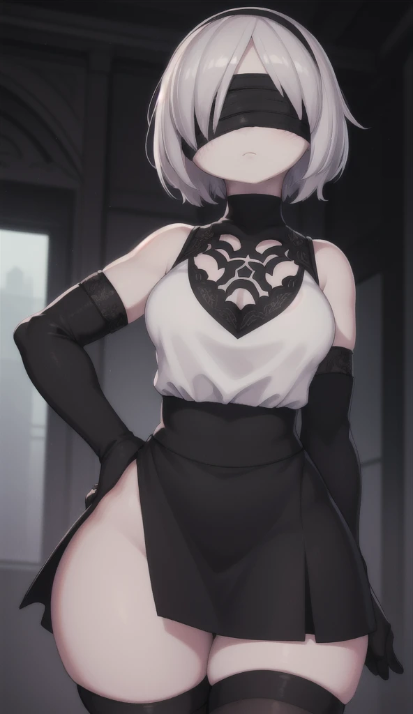 2b, 2b, (black blindfold:1.5), black hair band, blindfold, hair band, short hair, white hair, to break hair band, robot, Team Rocket,Team Rocket uniform, red letter R, White skirt,short white blouse,black thigh-highs,black elbow gloves, to break looking at viewer, to break (masterpiece:1.2), best quality, alta resolución, 8k unit wallpaper, (Illustration:0.8), (beautiful detailed eyes:1.6), extremely detailed face, perfect lighting, Extremely detailed CG, (perfect hands, perfect anatomy),