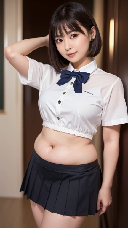 ((top-quality、8K、​masterpiece:1.3))、女の子1人、Slender Abs、sofas、hyperdetailed face、A detailed eye、二重まぶた、straight flat chest、tiny chest、small tits、neat college girl、short-hair、Straight bob hair、Shorthair with bangs、A smile、Schoolgirl Uniform、Panties are visible from the skirt、a 20 yo woman、Sheer white shirt、Navy blue ribbon at the collar、Dark blue pleated micro mini、Sexy、Peek at the viewer、Beautiful graphics、Bright school building with strong sunlight、Show me your whole body、is standing、Plump panties、White Sox、Lift the hem of the skirt with both hands、Showing white panties、depth of fields、Bokeh in the background、