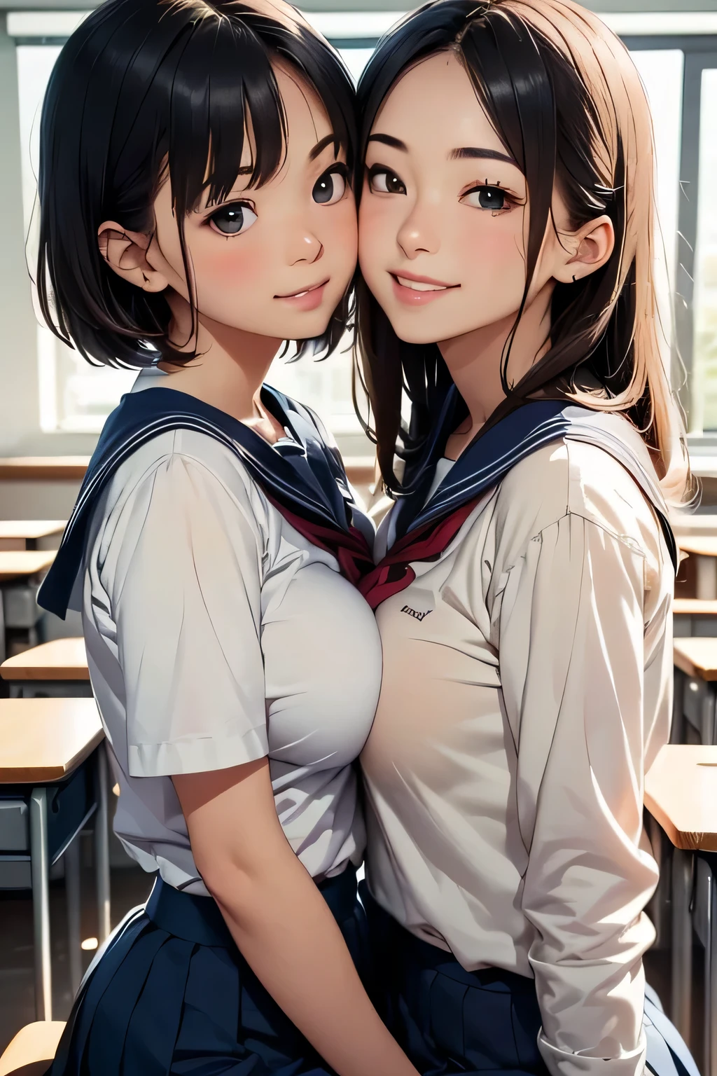 super fine illustration,masterpiece,best quality,ultra detailed,2girls,yuri,look at each other,eye contact,(sheer sailor school uniform:1.4),short sleeves,(covered nipples:1.1),breasts press against breasts,large breasts,medium hair,blush,shy,（super beatiful detailed big eyes：1.3）,(beautiful gray eyes), (looking at camera :1.2)