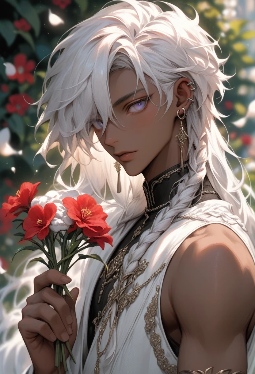 score_9, score_8_up, score_7_up, score_6_up, flower, solo, white hair, dark skin, holding, holding flower, braid, hair over one eye, sleeveless, earrings, long hair, jewelry, upper body, blurry, grey eyes, hair over shoulder, male focus, bare shoulders, white eyes, red flower, 1boy, white dress, ear piercing, depth of field, dark-skinned female, piercing, dark-skinned male
