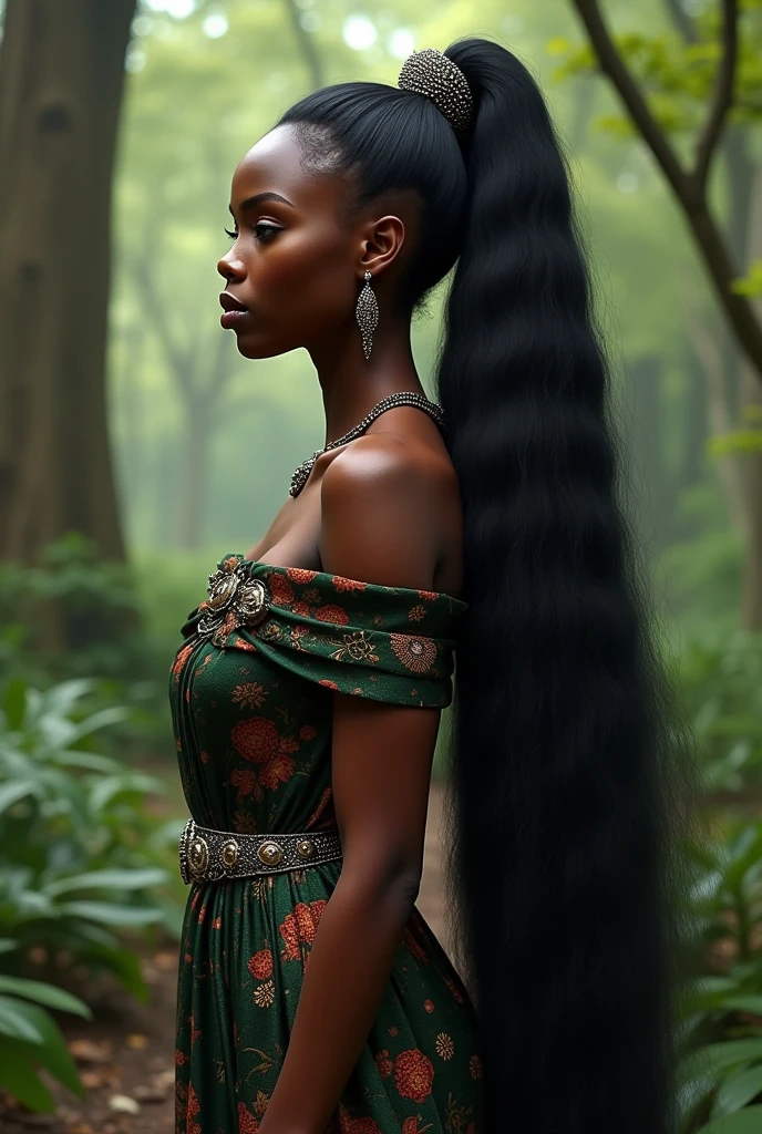 (Happy:1.3) black, (dark skin:1.1) woman black woman, back, standing with his back to the camera, leaned forward, george miller cinematography, wide-angle, portrait, realistic, cinematic, 8k, highly detailed, highly detailed eyes, shphotography, professional, canon camera, nikon camera, sharp, bokeh, in the forest, studio quality, color grading, by Alphonso Mucha, by Rodrigo Prieto