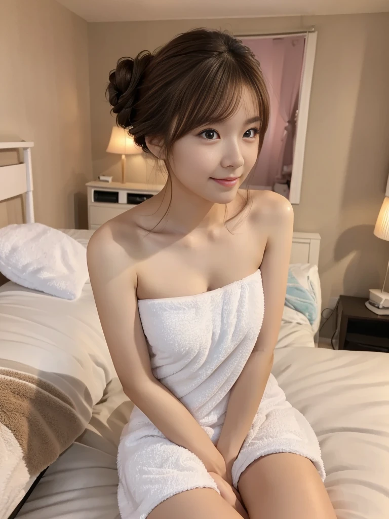 Full Body Shot, (Late-night secret meeting)
break, 
(wearing towel:1.2)), 
break, 
View your viewers, Japanese female university student, (One Woman:1.2), She is very beautiful, Glowing Skin, Perfect Face, Cute and symmetrical face, Slender figure, 
break, 
((Light Brown Hair:1.2)), ((Updo:1.2)), Medium Hair, Wavy Hair, Makeup, 
break, 
((Apartment bedroom:1.4)), (Night view), (Captivating smile:1.2), (8k, RAW Photos, Best Quality, masterpiece:1.2), (Realistic, Photorealistic:1.4), Very detailed, Shallow depth of field, Beautiful Hair, Beautiful Face, Beautiful attention to detail, Real Skin, Beautiful fingers, Perfect Anatomy, Perfect legs, Perfect hands, Perfect Eyes, Perfect body, double eyelid, (Natural Side Lighting, Cinema Lighting), NSFW,