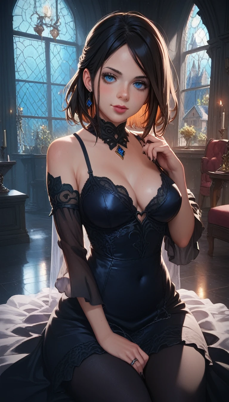 1 close-up of a woman in a dress against a castle, gothic fantasy art, fantasy dark art, gothic fantasy, gothic, in style of dark fantasy art, gothic art, gothic maiden of darkness, detailed fantasy art, large bust, looking at us, 3 sitting sideways to us leaning, 2 squeezing dress, making heart with fingers, 1.5 chest covered