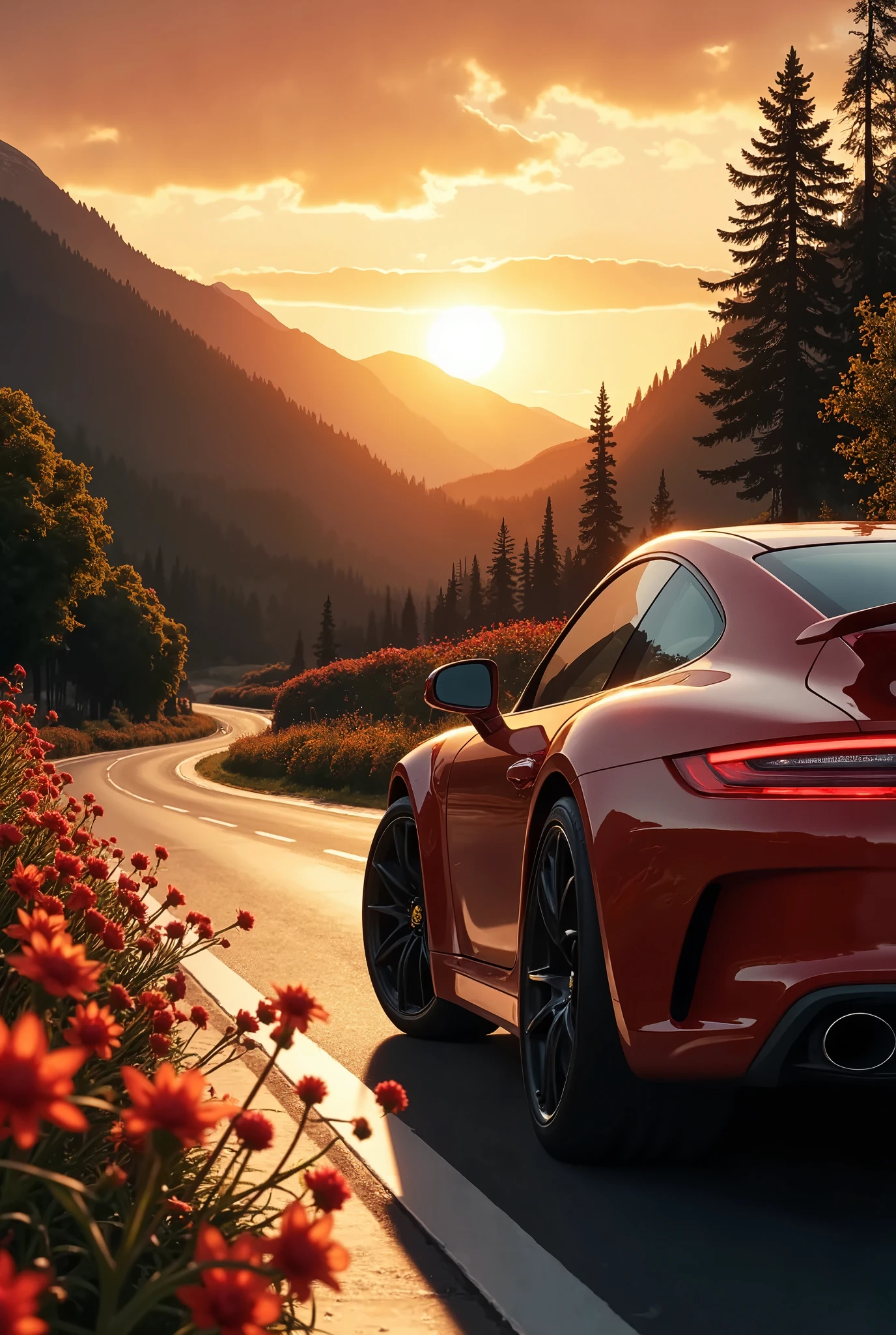 "An award-winning masterpiece of visual delight, featuring a car driving into the sunset along a winding mountain road lined with vibrant flowers. The sun, low on the horizon, serves as the dominant light source, casting a warm, golden backlight that bathes the entire scene in a radiant glow. The backlight highlights the car’s sleek contours, creating dramatic silhouettes and reflections along its polished surface. A subtle Tyndall effect is visible as the sunlight filters through the trees and flowers, creating beams of light that add depth and atmosphere. A soft lens flare and gentle bloom enhance the sun’s brilliance, adding a dreamy, ethereal quality to the image. Specular highlights dance on the car’s metallic finish, accentuating its curves, while a delicate backscatter effect from dust and pollen in the air adds a touch of realism. The composition captures the serene beauty of the mountain landscape, the vibrant colors of the flowers, and the tranquil, yet dynamic, motion of the car as it drives toward the glowing horizon."
