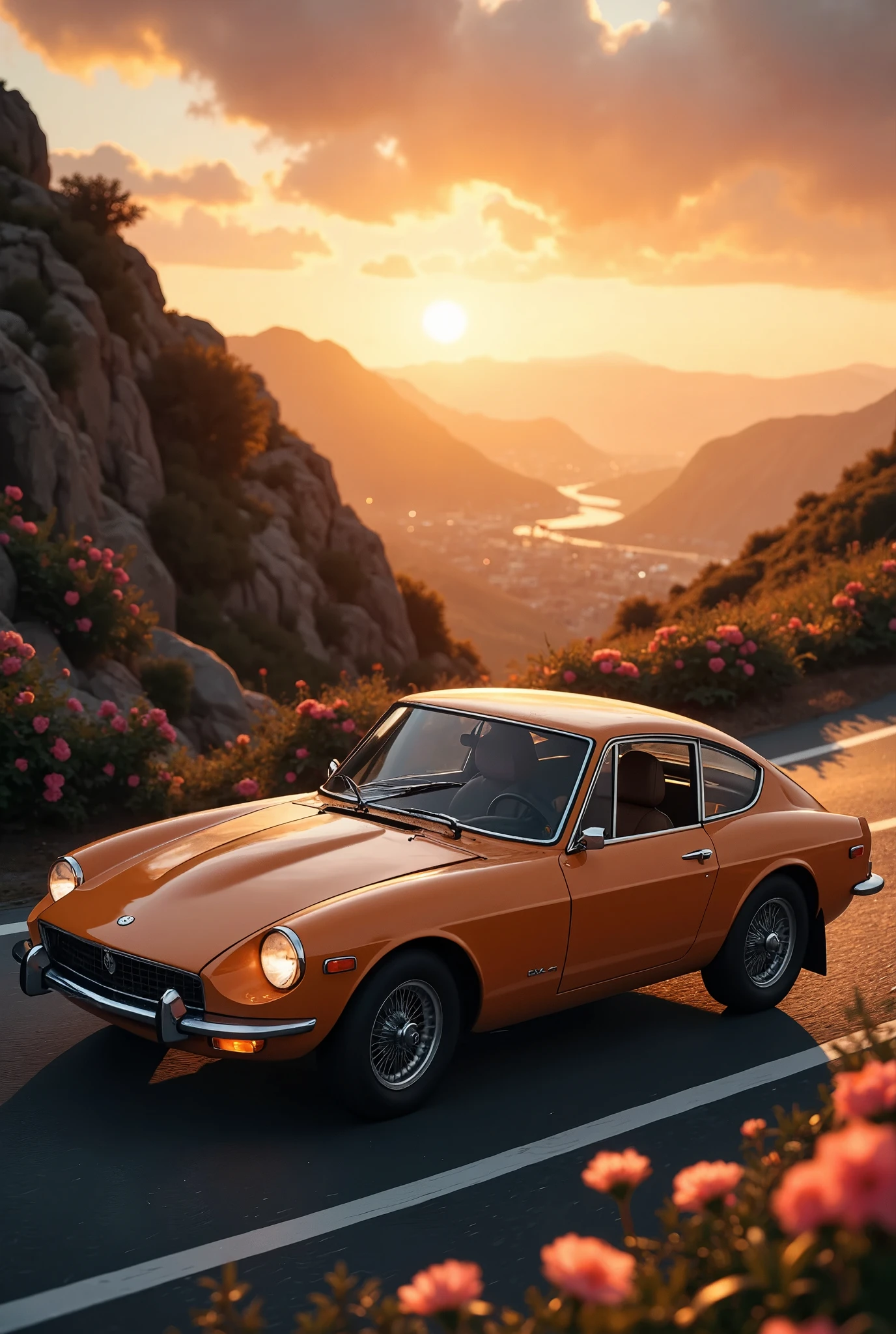 An award-winning masterpiece of visual delight, featuring a car driving into the sunset along a winding mountain road lined with vibrant flowers. The sun, low on the horizon, serves as the dominant light source, casting a warm, golden backlight that bathes the entire scene in a radiant glow. The backlight highlights the car’s sleek contours, creating dramatic silhouettes and reflections along its polished surface. A subtle Tyndall effect is visible as the sunlight filters through the trees and flowers, creating beams of light that add depth and atmosphere. A soft lens flare and gentle bloom enhance the sun’s brilliance, adding a dreamy, ethereal quality to the image. Specular highlights dance on the car’s metallic finish, accentuating its curves, while a delicate backscatter effect from dust and pollen in the air adds a touch of realism. The composition captures the serene beauty of the mountain landscape, the vibrant colors of the flowers, and the tranquil, yet dynamic, motion of the car as it drives toward the glowing horizon.