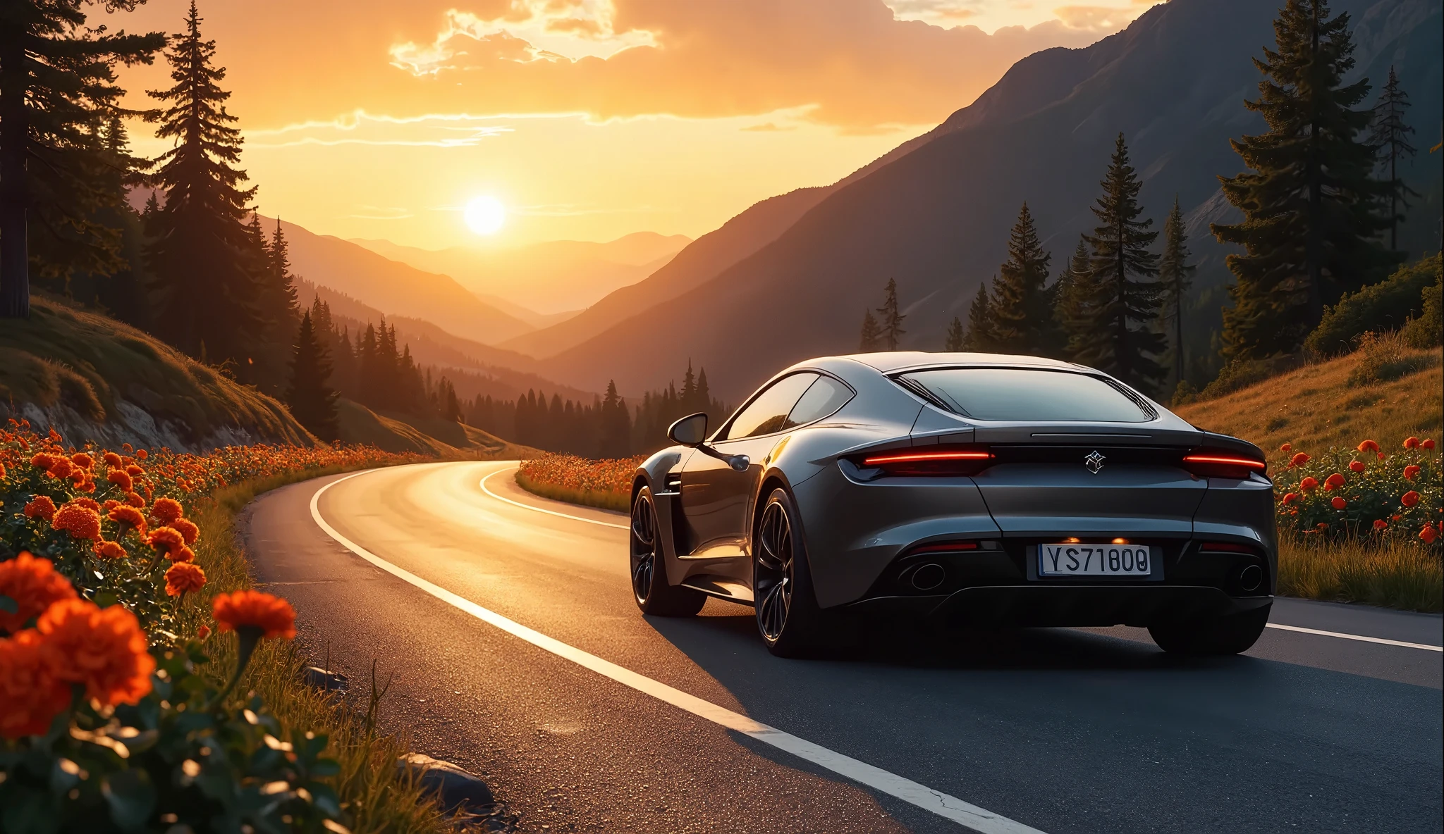 "An award-winning masterpiece of visual delight, featuring a car driving into the sunset along a winding mountain road lined with vibrant flowers. The sun, low on the horizon, serves as the dominant light source, casting a warm, golden backlight that bathes the entire scene in a radiant glow. The backlight highlights the car’s sleek contours, creating dramatic silhouettes and reflections along its polished surface. A subtle Tyndall effect is visible as the sunlight filters through the trees and flowers, creating beams of light that add depth and atmosphere. A soft lens flare and gentle bloom enhance the sun’s brilliance, adding a dreamy, ethereal quality to the image. Specular highlights dance on the car’s metallic finish, accentuating its curves, while a delicate backscatter effect from dust and pollen in the air adds a touch of realism. The composition captures the serene beauty of the mountain landscape, the vibrant colors of the flowers, and the tranquil, yet dynamic, motion of the car as it drives toward the glowing horizon."
