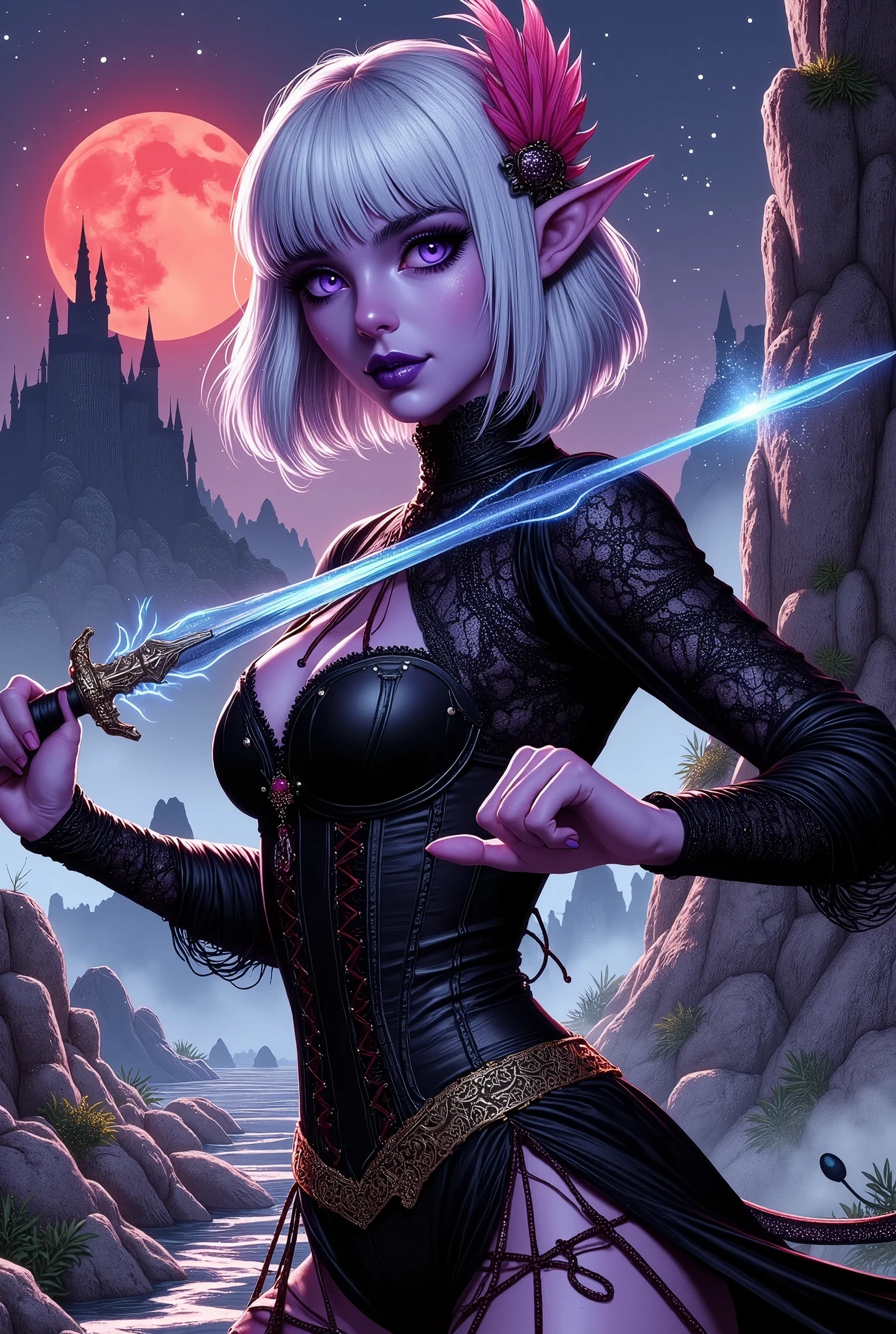 (Ultra-detailed face, Looking away, Fantasy Illustration with Gothic, Dark tone colors), BREAK 
(The dark elf woman, in a daring pose, swings her two shining blue-white swords in both hands in a horizontal circular motion, trails of light from the swords. In front of her, two red-eyed female vampires attack, screaming to impale her with their claws.), BREAK 
(A young-aged dark elf woman with pure white hair and eyebrows, blunt bangs, bob disheveled hair, small pink lips, dark-purple color skin, lavender pupils, thick dark eyeliner around her eyes.), BREAK 
(The dark elf woman wears a bright pink parrot-feathered hair ornament and a thin black ribbon tie. She wears a corset dress of jet-black draped silk over sheer, shimmering organza. She wears lace-up sandals with thin crimson laces woven into them.), BREAK 
(A small red moon and twinkling stars illuminate the area. This is a country famous for the legend of Dracula in medieval Eastern Europe. Dracula's castle, a thorny silhouette on a steep rocky hill, is visible in the black shadows.)