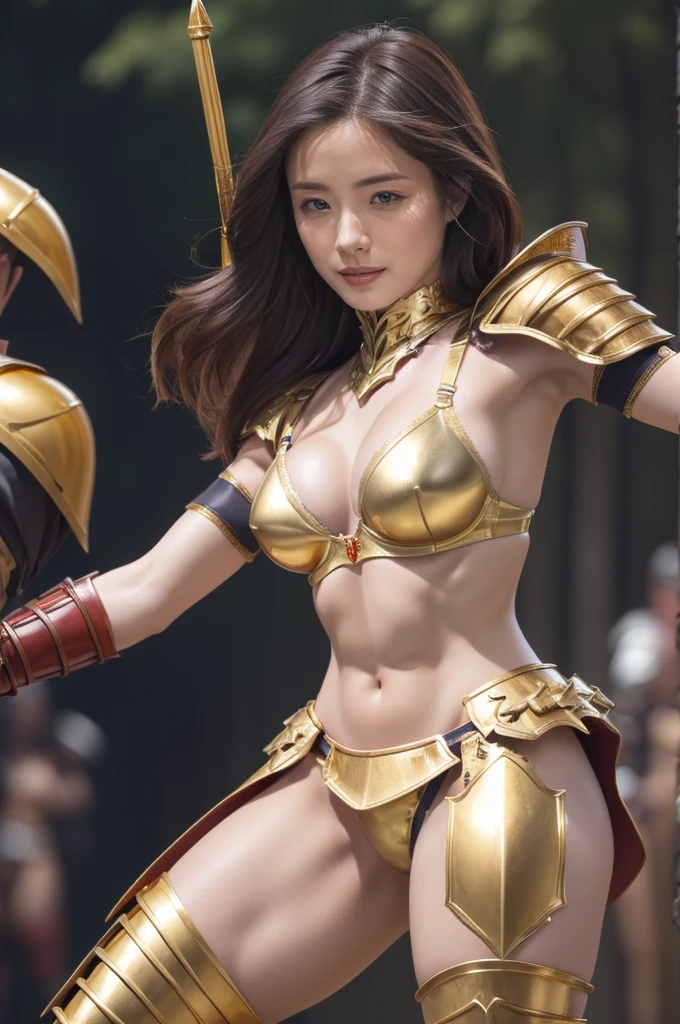 " Figure, Full body like、(((female warrior is fighting with enemies.)))、Small silver tiara, The upper body is knight's armor、The lower part of the body is bare、Thigh Armor, cammel toe、Cape, Perfect breasts, (((the perfect body))), (((in a battle field of ancient Europe.))), (Best Quality, 4K, 8K, High resolution, masutepiece:1.2), Ultra-detailed, (Realistic, Photorealistic, Photorealsitic:1.37), royal, Captivating, (Vibrant colors, sharp chest:1.1), Soft lighting"、Dark pubic hair, (((thighs are covered with iron armors.))) (((iron bustier))), (((fighting in a battle field in Roman era.))), (((surrounded by plenty of enemies))), transparent (((tiny gold scanty.))), (((tiny bold bra))) ,((( hot thighs))), (((big breasts))), (((gold hand armor.)))