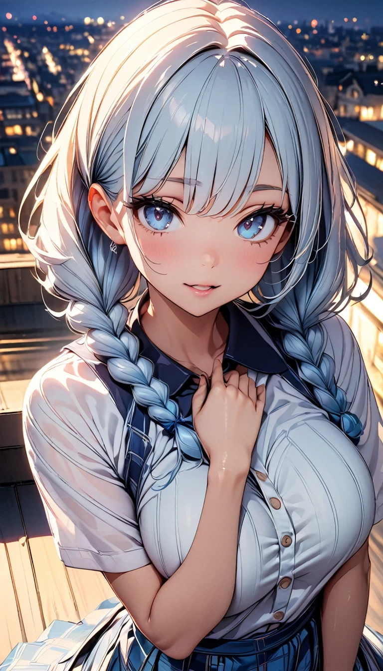 (highest quality, 8k, 4k, High resolution, masterpiece:1.2), Super detailed, beautiful illustrations, Bright colors, Lens flare, natural light, one person, woman, beautiful face details, beautiful eyes, long eyelashes, soft lips, (small face), (light blue hair, fluffy braids, light blue eyes), perfect face, shiny skin, (beautiful breasts), open your mouth and laugh:1.2, (plaid dress:1.2, Neat), (gaze looking at the viewer, cowboy shot), roof of the building, The lights of the city spread out below, Light and shadow with attention to detail, background bokeh.