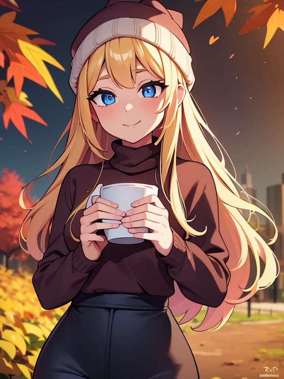 (masterpiece:1.2), best quality, high resolution, unity 8k wallpaper, (illustration:0.8), (beautiful detailed eyes:1.6), extremely detailed face, perfect lighting, extremely detailed CG, (perfect hands, perfect anatomy), 1girl, solo, blonde hair, blue eyes. (holding a coffee cup:1.3). (Wearing: beanie, pink sweater and black leggings). Calm smile on her face, she’s relaxed. Background: City park, autumn season, fall season.
