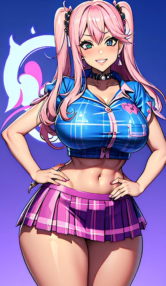 big lips, Rupee (NIKKE), japanese face, gyaru, two side up, huge breasts, wide hips, sexy, blue theme, kawaii, detailed, pink room, decora, bangs, evil grin, gyaru outfit, kawaii, pleated skirt, punk, goth, pink and black outfit, plaid skirt, punk shirt, choker, shiny skin, condom belt