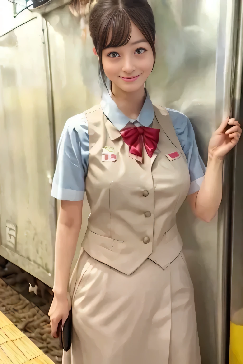 (masterpiece:1.2, Best Quality:1.2), 32K HDR, High resolution, (Alone、1 girl)、（On the roof of a building during the day、Professional Lighting）、Building rooftop background、（Real style of JR Woman wearing train crew uniform beige）、（（JR Female Train Crew Uniform Beige Light Blue Blouse Short Sleeve 、 Knee-length culottes skirt、Beige vest、scarf））、Dark brown hair、（Long Hair、Hair tied up、Hair tied up）、Dark brown hair、Long Shot、Big Breasts、Thin legs、（（Great hands：2.0）），（（Harmonious body proportions：1.5）），（（Normal limbs：2.0）），（（Normal finger：2.0）），（（Delicate eyes：2.0）），（（Normal eyes：2.0））)、smile、（JR Woman Train crew uniform beigeのKnee-length culottes skirtを見せた美しい立ち姿）、Hands down