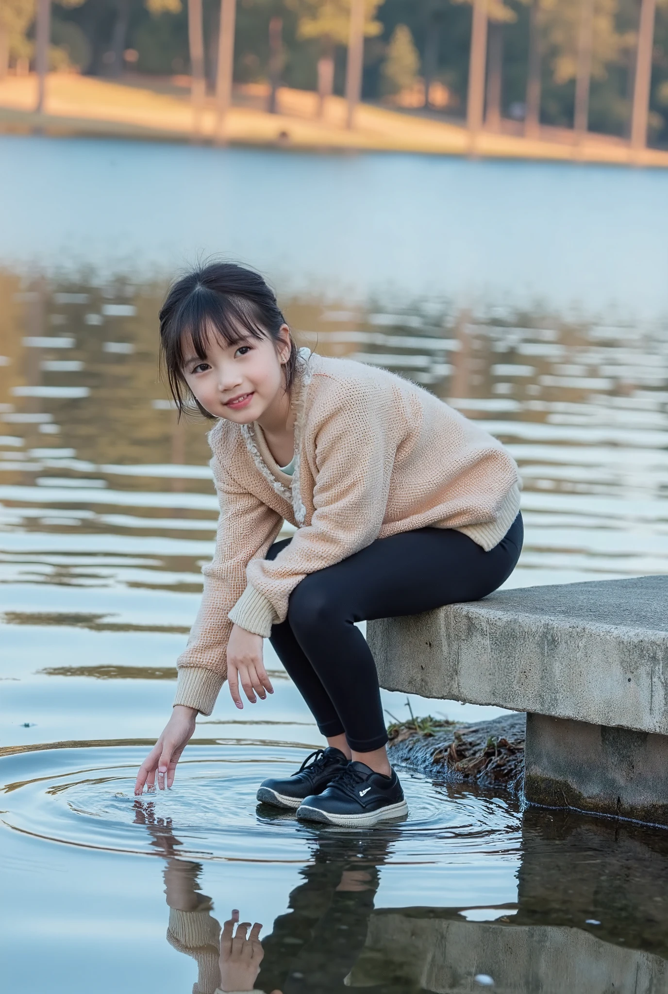 cutegurls, a girl crouched by the side of a lake, wearing a cozy sweater and leggings, her reflection shimmering in the water as she dips her hand into the cool, clear surface.