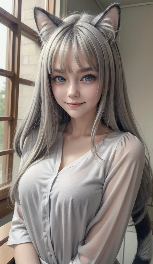 (), ((masterpiece)) , ((best quality)), Illustration, furry, Cat, animal ears, tail, corpo furry, 1 , throw, upper body, 1 , Alone, Long hair, Gray hair, *//*, blue eye, *//*, white blouse, looking at the viewer, smile