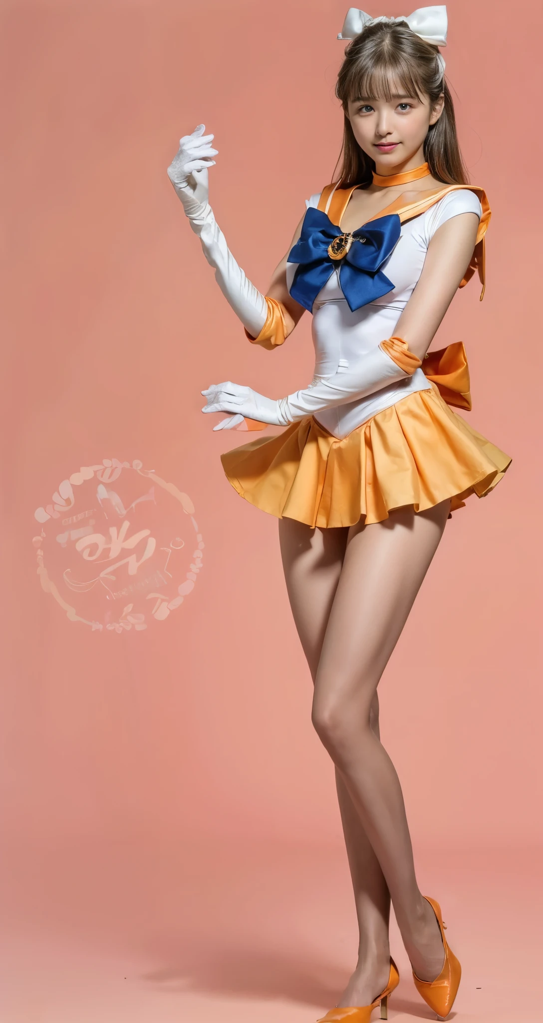 No background、(((Beautiful legs in tights.)))、(((Legally express the beauty of your smile)))、(((Wearing white gloves)))、((((Make the most of your original images)))、(((Sailor Venus Costume)))、(((Short beautiful hair)))、(((suffering)))、(((Please wear beige tights....、Please wear orange pumps.)))、((Best Quality、8k))、((Best Quality、8k、masterpiece:1.3))、(((Save the background )))、Sharp focus:1.2、Beautiful woman with perfect figure:1.4、Slim Abs:1.2、Wet body:1.5、Highly detailed face and skin textures、8k