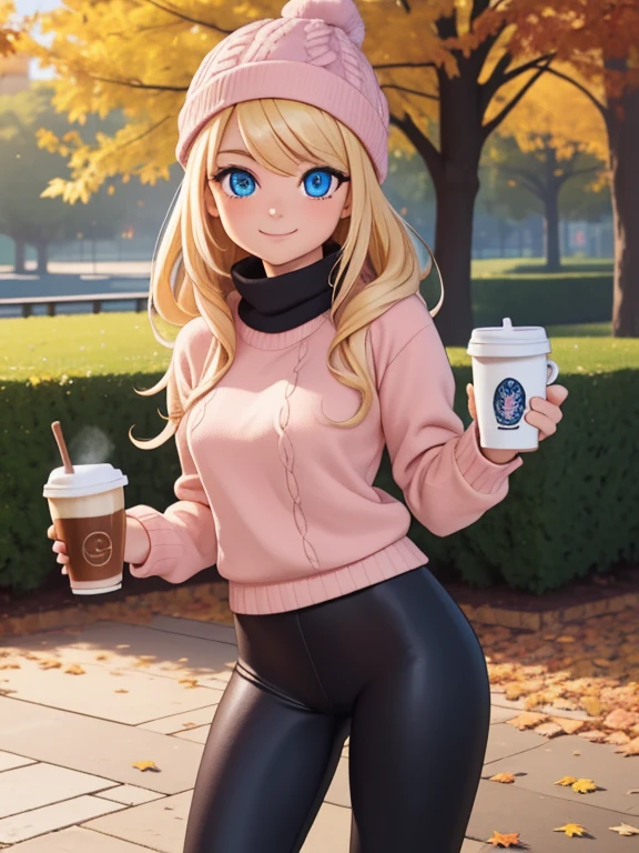 (masterpiece:1.2), best quality, high resolution, unity 8k wallpaper, (illustration:0.8), (beautiful detailed eyes:1.6), extremely detailed face, perfect lighting, extremely detailed CG, (perfect hands, perfect anatomy), 1girl, solo, blonde hair, blue eyes. (holding a coffee cup:1.3). (Wearing: beanie, pink sweater, tight black leggings and Ugg boots). Calm smile on her face, she’s relaxed. Background: City park, autumn season, fall season.
