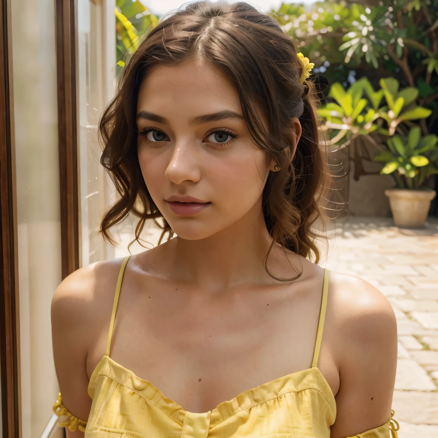 Imagine a stunning 26-year-old digital influencer with a radiant smile, peau brune, et des yeux verts captivants. She wears vibrant peach colored curly hair, complété par un maquillage parfaitement assorti à la palette de couleurs. Decorated with maxi earrings&#39;oreilles, elle respire la confiance dans un ensemble de mode haut de gamme, assise dans  la chambre