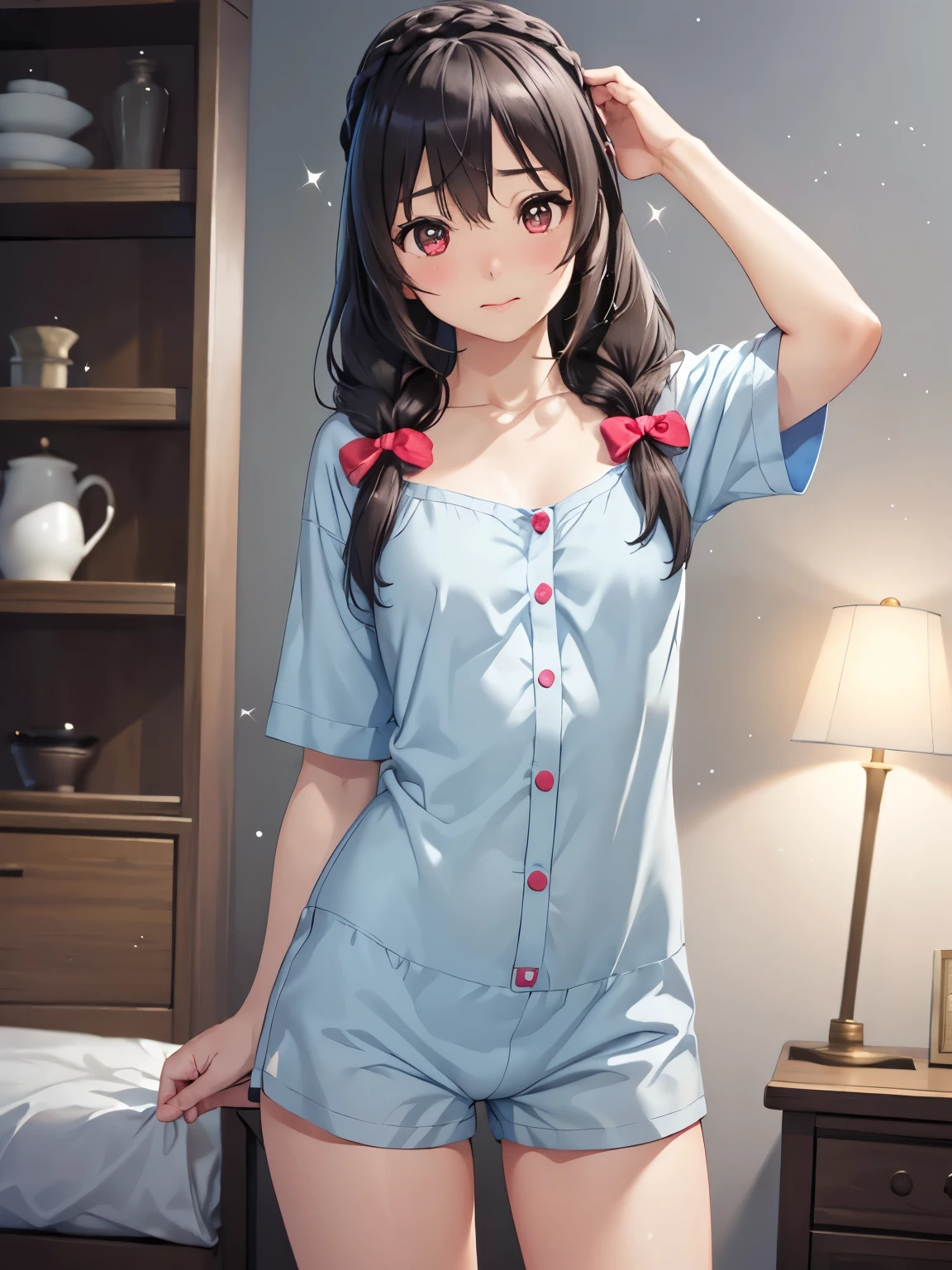 (masterpiece、Best Quality)、1 Girl、Light blue pajamas、indoor、Yunyun、A lovely bed、Standing、Closed Mouth、Long Hair、Braiding、Twin tails、Hair between the eyebrows、Hair Ribbon、 Half asleep、Shorts、Hands behind head、,Sharp pupils、High resolution、High resolution、 super fine painting,、(Very detailed、color、Sparkle)、(Genuine、Real、Realistic)、High resolution、超High resolution