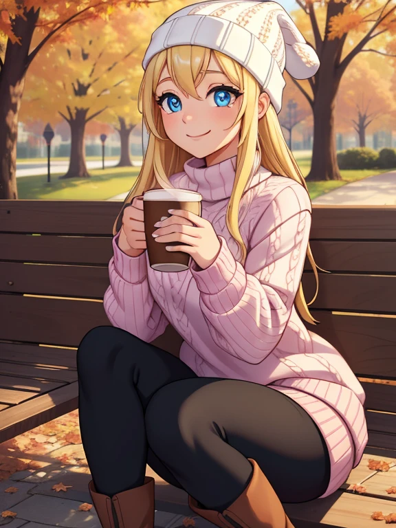 (masterpiece:1.2), best quality, high resolution, unity 8k wallpaper, (illustration:0.8), (beautiful detailed eyes:1.6), extremely detailed face, perfect lighting, extremely detailed CG, (perfect hands, perfect anatomy), 1girl, solo, blonde hair, blue eyes. (holding a coffee cup:1.3). (Wearing: beanie, pink sweater, tight black leggings and Ugg boots). Calm smile on her face, she’s relaxed. Background: City park, autumn season, fall season.
