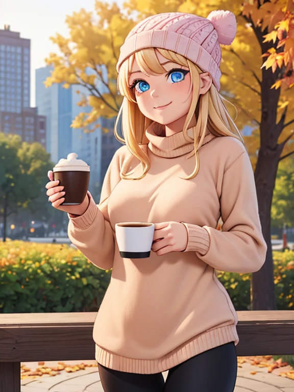 (masterpiece:1.2), best quality, high resolution, unity 8k wallpaper, (illustration:0.8), (beautiful detailed eyes:1.6), extremely detailed face, perfect lighting, extremely detailed CG, (perfect hands, perfect anatomy), 1girl, solo, blonde hair, blue eyes. (holding a coffee cup:1.3). (Wearing: beanie, pink sweater, tight black leggings and Ugg boots). Calm smile on her face, she’s relaxed. Background: City park, autumn season, fall season.
