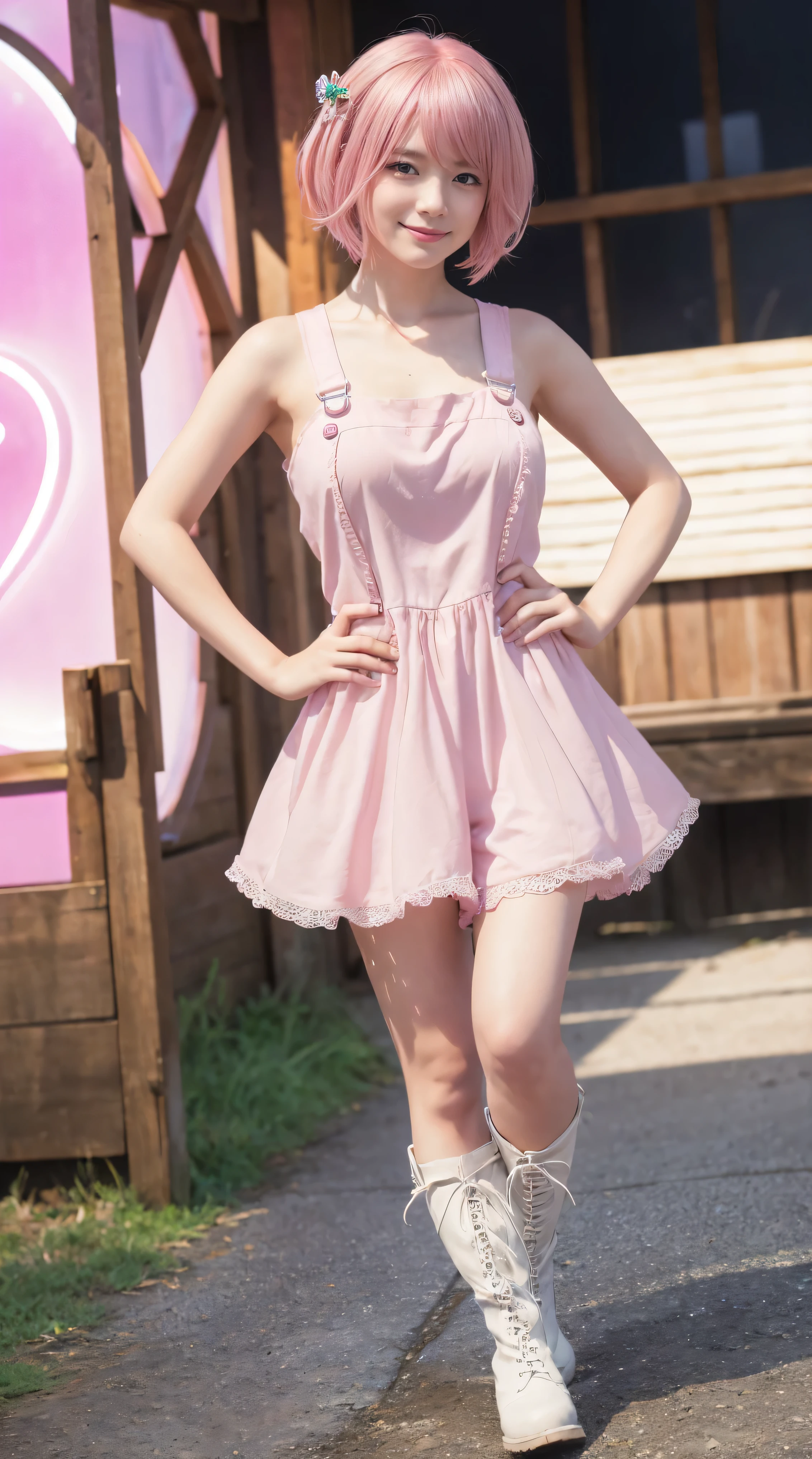 masterpiece++, best quality++, ultra-detailed+, extremely detailed++, 4K, 8K+, best quality, beautiful+, anime style,1person,full body image,summer,park,girly lacefrill mini slipdress,narrow leather belt bound waist,very slim waist,beautiful straight pinkbrown hair,beautiful blue eyes, beautiful eyes++,long straight hai