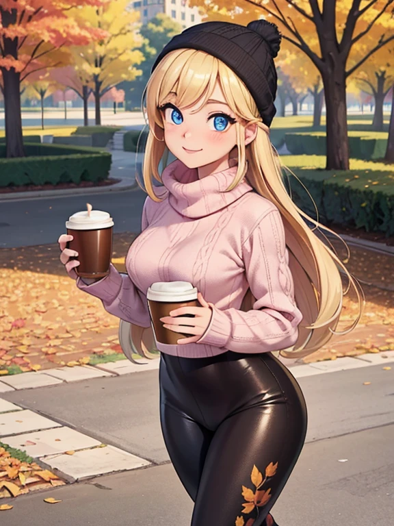 (masterpiece:1.2), best quality, high resolution, unity 8k wallpaper, (illustration:0.8), (beautiful detailed eyes:1.6), extremely detailed face, perfect lighting, extremely detailed CG, (perfect hands, perfect anatomy), 1girl, solo, blonde hair, blue eyes. (holding a coffee cup:1.3). (Wearing: beanie, pink sweater, tight black leggings and Ugg boots). Calm smile on her face, she’s relaxed, walking. Background: City park, autumn season, fall season.
