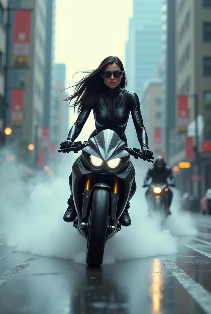 AI girl in exosuit as supermodel on a mecha-bike in pursuit situation leaving smoke trail behind, cinematic motion blur, dark sunglasses, flowing hair, perfect face,  full body, intricate detailed, ground low view,low angle shot, looking forward, best as AI can reach