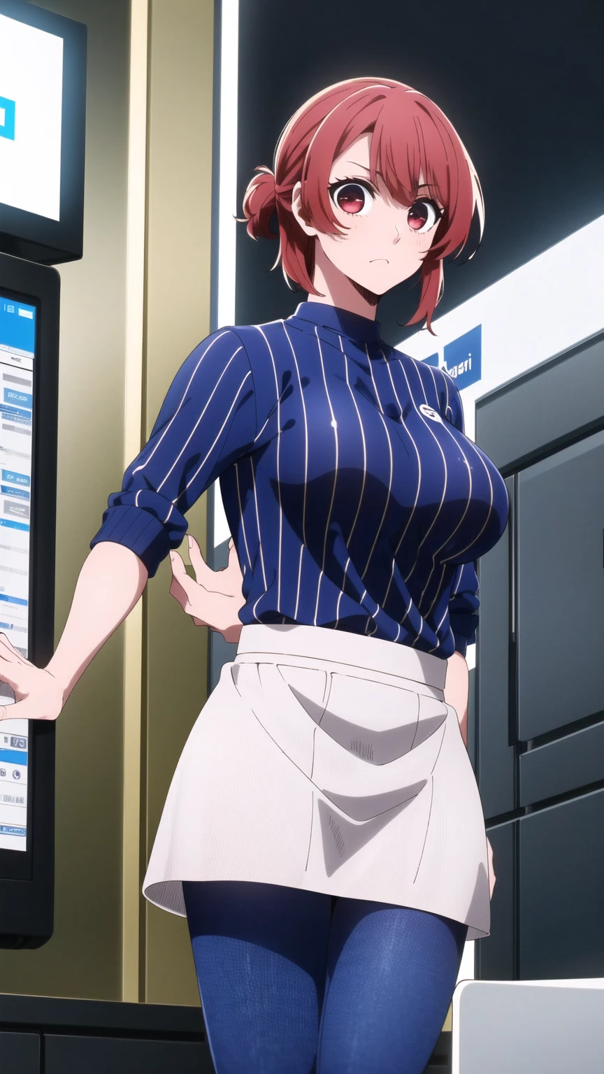 ((masterpiece)), ((Best Quality)), starter, One Girl, Medium Chest, short_hair, red_hair, red_eye, Alone_concentrated, indoor, 、Perfect body、Cowboy Shot、Score_9,Score_8_up,Score_7_up,One Girl,red hair,red eyes,short hair,Alone,Large Breasts,Ribbed sweater,jeans,Please put your hands behind your back,View your audience,Surprised