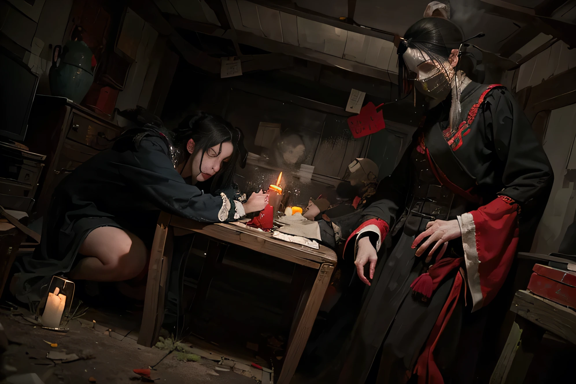(Best quality, 8k, 32k, Masterpiece, UHD:1.2) "Set the scene inside an old, decrepit mansion, inspired by eerie Asian horror films. The dimly lit room is filled with cracked wooden floors and walls stained with time, where ancient scrolls and paper screens hang, torn and decaying. A layer of dust blankets the surface, and old furniture is scattered in disarray, covered in dark, ominous shadows. In the center of the room stands a girl, her expression frozen in terror, her figure partially illuminated by flickering candlelight. In the darkened corner, a creepy white lady ghost materializes from smoke and shadows, her hair long and black, floating unnaturally around her pale, gaunt face. Her eyes are hollow, and her expression is one of silent torment. The ghost's body drifts like mist, blending into the shadows of the room, as if she is part of the darkness itself. The atmosphere is chilling and unsettling, with the faint sound of wind howling through the cracked windows. The air feels heavy, damp with the scent of mold, and the walls seem to breathe. Everything in the scene evokes a haunting, terrifying aesthetic, amplifying the sense of dread and fear lurking within the cursed mansion." ((scared)) ((ghost))