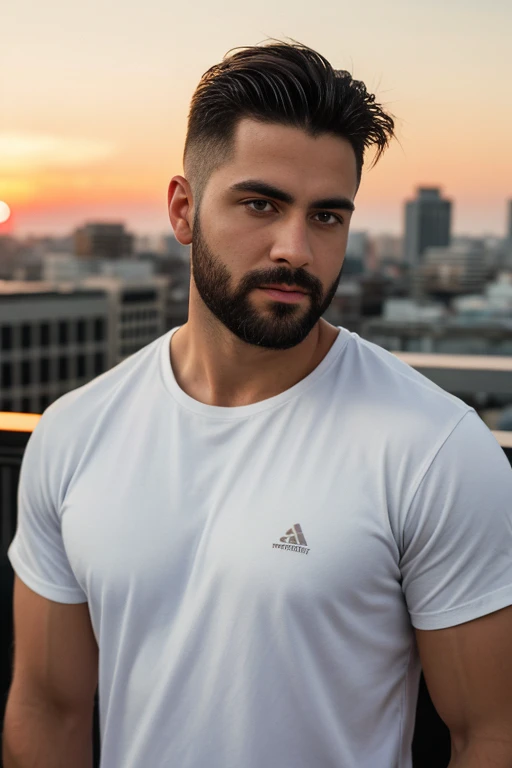 1man, 
a 30 y.o muscular male, small beard, gloomy eyes, blue eyes, undercut haircut, concentrated expression, wearing a shirt, in a roof top
soft lighting, sunset background
masterpiece, best quality, 8k uhd, dslr, film grain, Fujifilm XT3 photorealistic painting art by midjourney and greg rutkowski