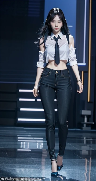 Acurate, 1 Taeyeon、Black hair、black eyes、Semi-long、setting hair、Slender but well-proportioned muscular body、a smile、wearing a tie-front shirt、Abs are cracked、The navel is visible、Wearing blue high heels、wearing very tight BLUE skinny jeans.、Breasts are big、Full Body from Head to Toe、Standing in a FULL height from head to the tip of the toe. The picture must capture from head to toe.  FULL BODY!!!!