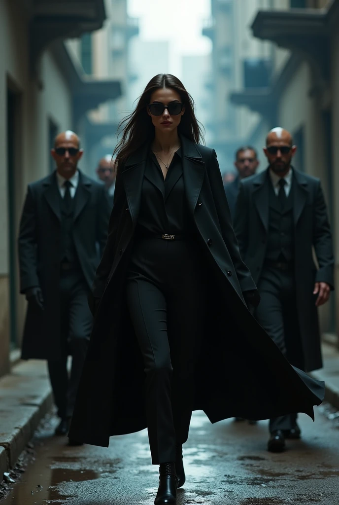 a girl as mafia boss in black trench with dark sunglasses, accompany by a bunch of bodyguards, walking in an dark alley, intricate detailed