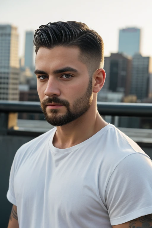 1man, 
a 30 y.o muscular male, small beard, gloomy eyes, blue eyes, undercut haircut, concentrated expression, wearing a shirt, in a roof top,
soft lighting, 
masterpiece, best quality, 8k uhd, dslr, film grain, Fujifilm XT3 photorealistic painting art by midjourney and greg rutkowski