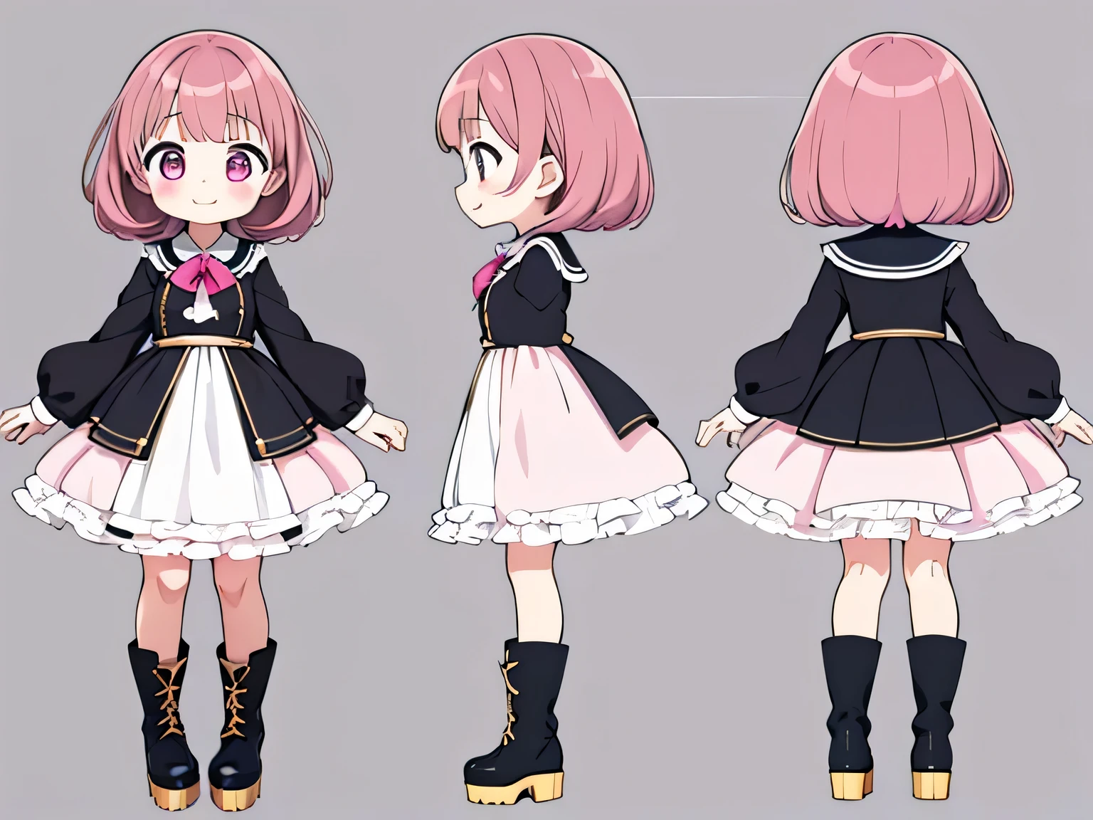 character sheet,masterpiece, highest quality, cute, cute, 1 girl, alone, Mine series,黒いゴス,platform boots,pink makeup,T pose,pink weaving,A sloppy smile,close your mouth,