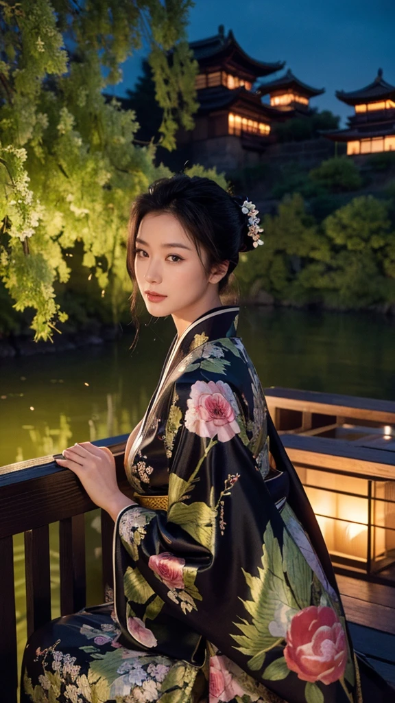 High resolution、masterpiece、Textured Skin、High image quality、超High resolution、Very detailed、woman、Center parted hair、Large Breasts、sexy、Samurai in black kimono、The background is a castle town under the willow trees at night、If you look at this、solo, Look at, 