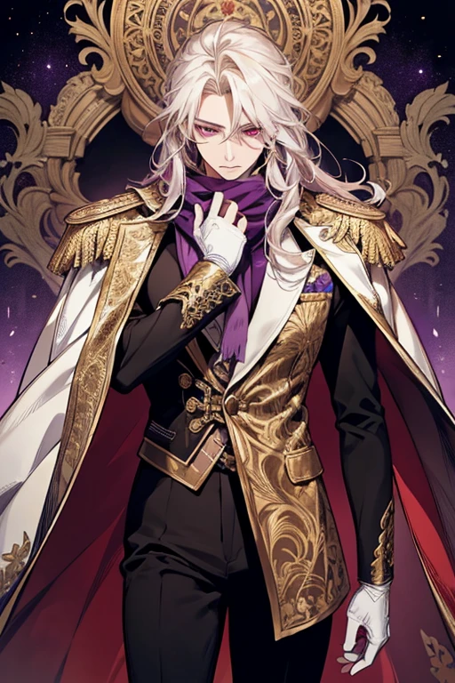 (1 person、good looking、cool、male)(masterpiece、Best Quality、Beautiful illustrations)Reach out and invite、be happy、Purple long flowing hair、coolなイケメンmale、Beautiful red eyes、Characters in intricate costumes, Fantasy-style armor with a predominantly white and purple color scheme, With gold accents. This costume has、Includes a flowing white coat adorned with gold epaulettes。, Black gloves, Black pants with purple and gold patterns. A purple cape and matching scarf flow gracefully., Enhances the overall look. The character stands confidently, Large, A decorative shield featuring a gold point and star motif. The background is clear, Emphasize the character&#39;s exquisite and dignified appearance.